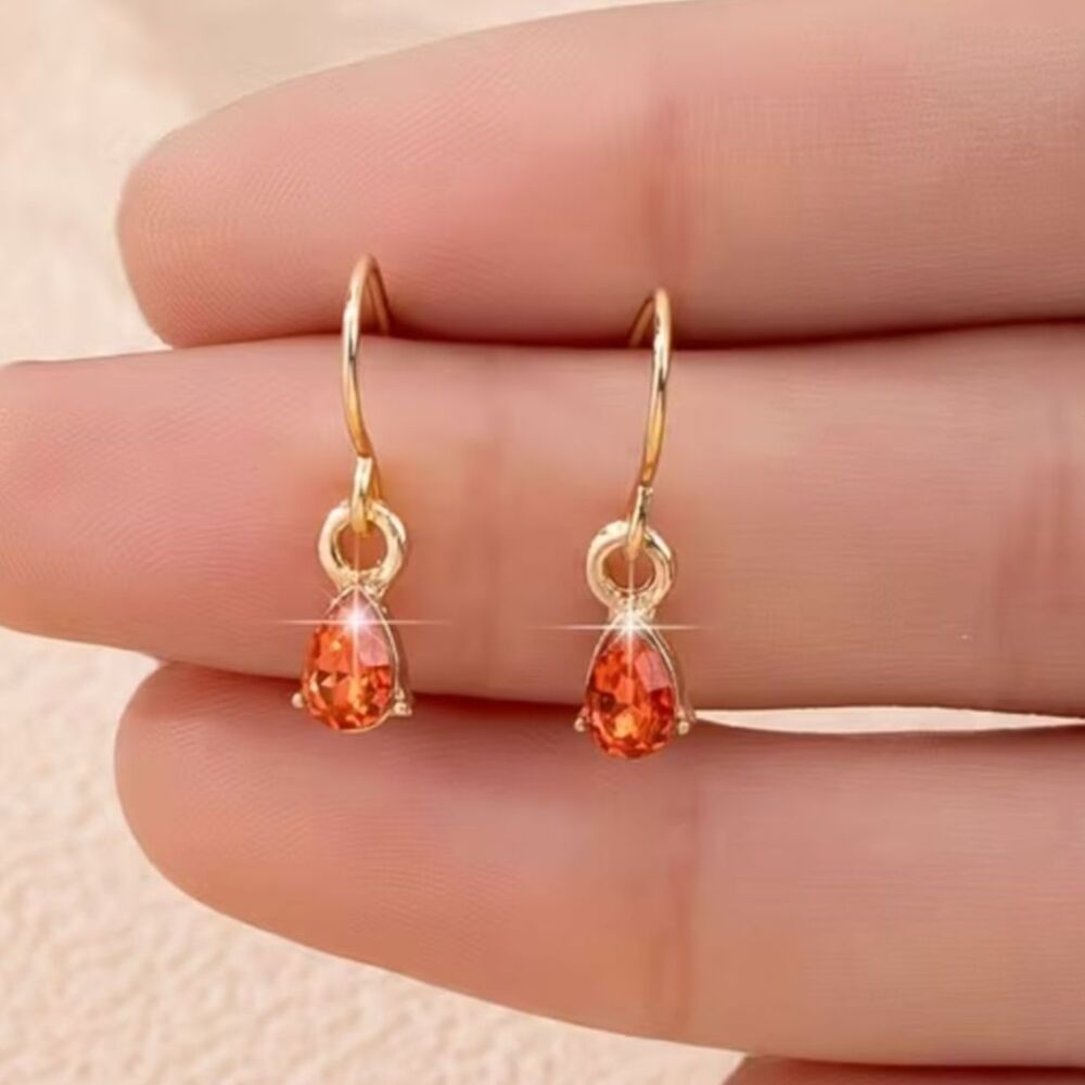 Orange Teardrop Zirconia Crystal Drop Earrings Gold Dangle Gemstone Pendant Chrm